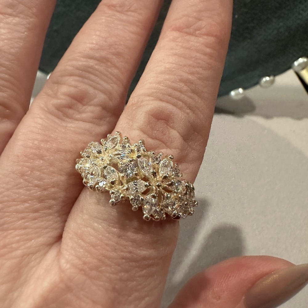 Elegant GoldTone  Floral Cluster Ring with Clear Stones - Women Jewelry